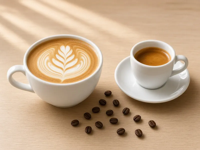 Latte with latte art beside an espresso