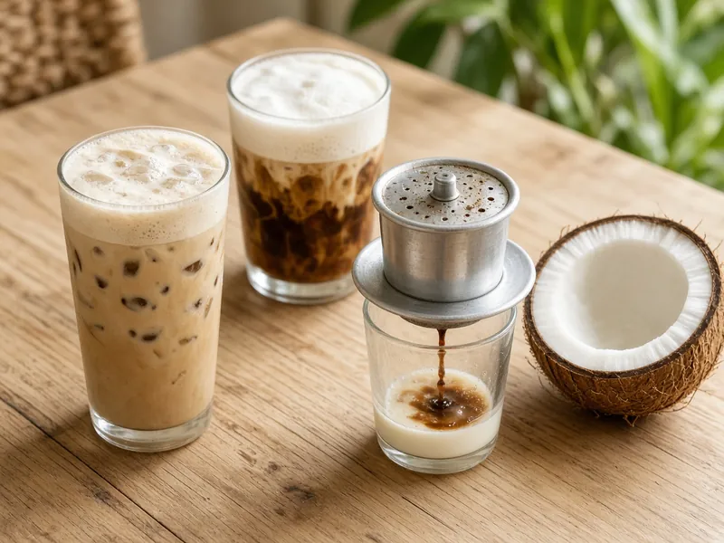Iced coconut coffee, salt coffee and a Vietnamese phin filter
