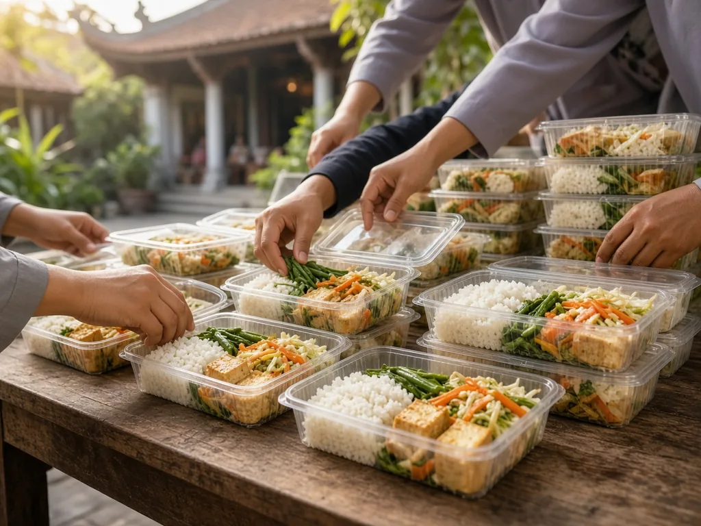 Volunteers packing vegan meal boxes to give away