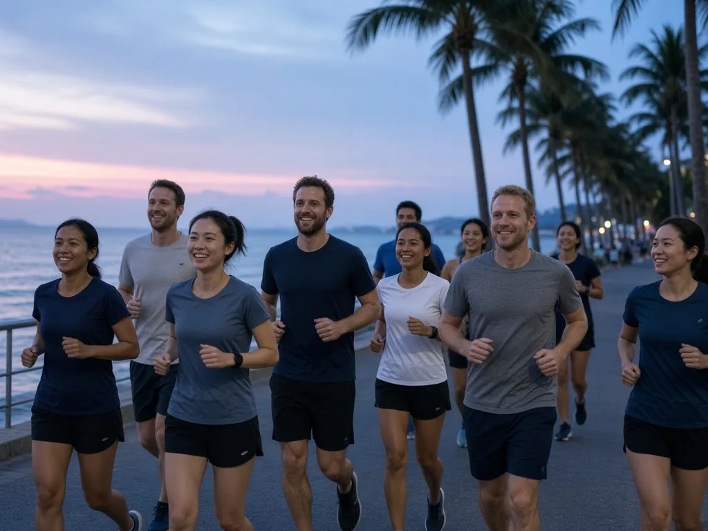 A run club jogging along the Da Nang seafront at dusk