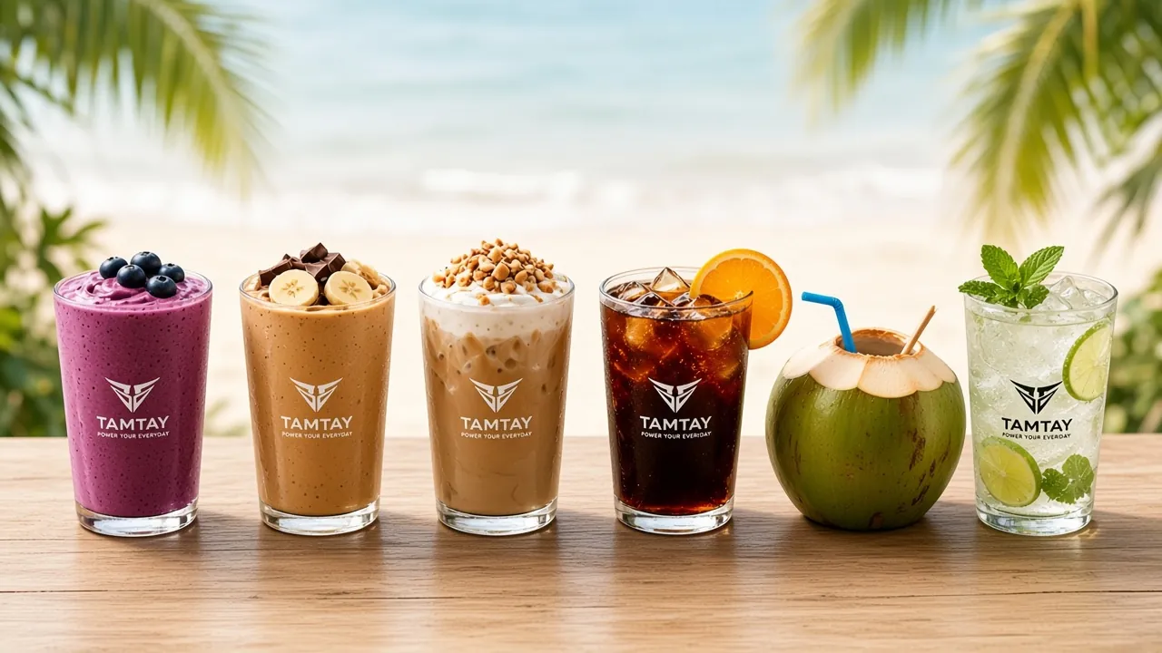 Protein smoothies, iced coffee, cold brew, fresh coconut and a mint hydrate drink on a bar counter by the beach