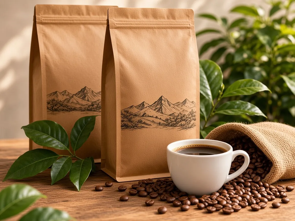 Bags of Vietnamese coffee beside a cup of black coffee and roasted beans