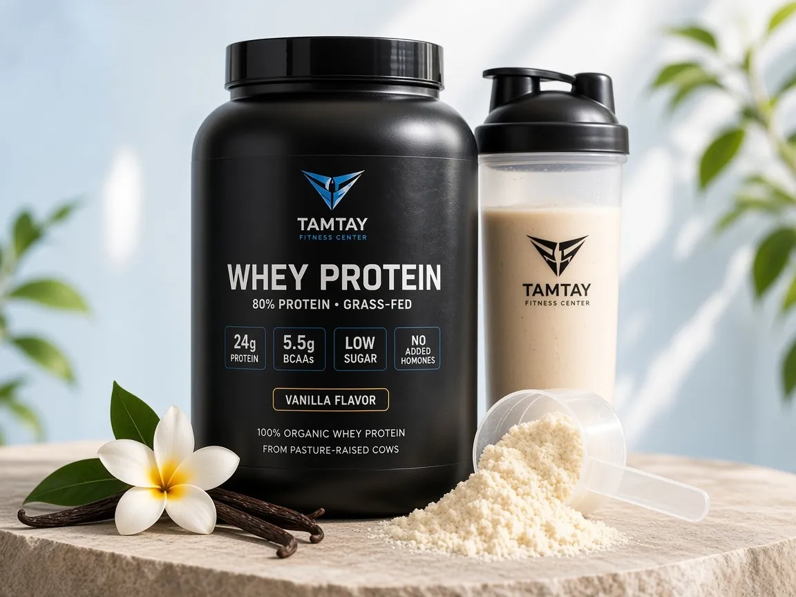 TamTay organic whey protein tub with a shaker and a scoop of vanilla powder
