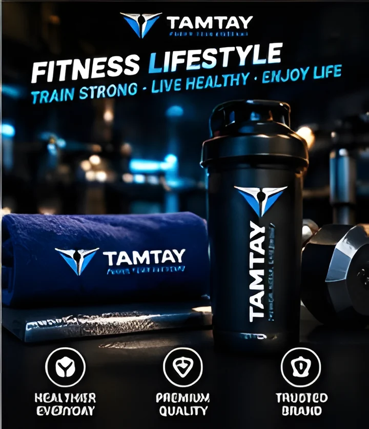 TamTay navy towel and black shaker bottle