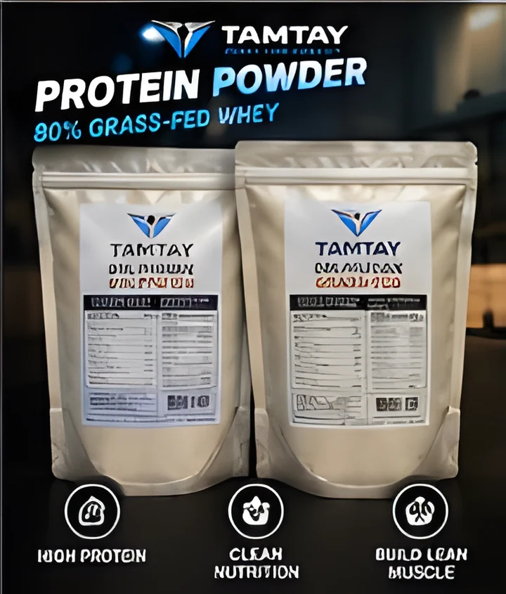 Two bags of TamTay 80% grass-fed whey protein powder
