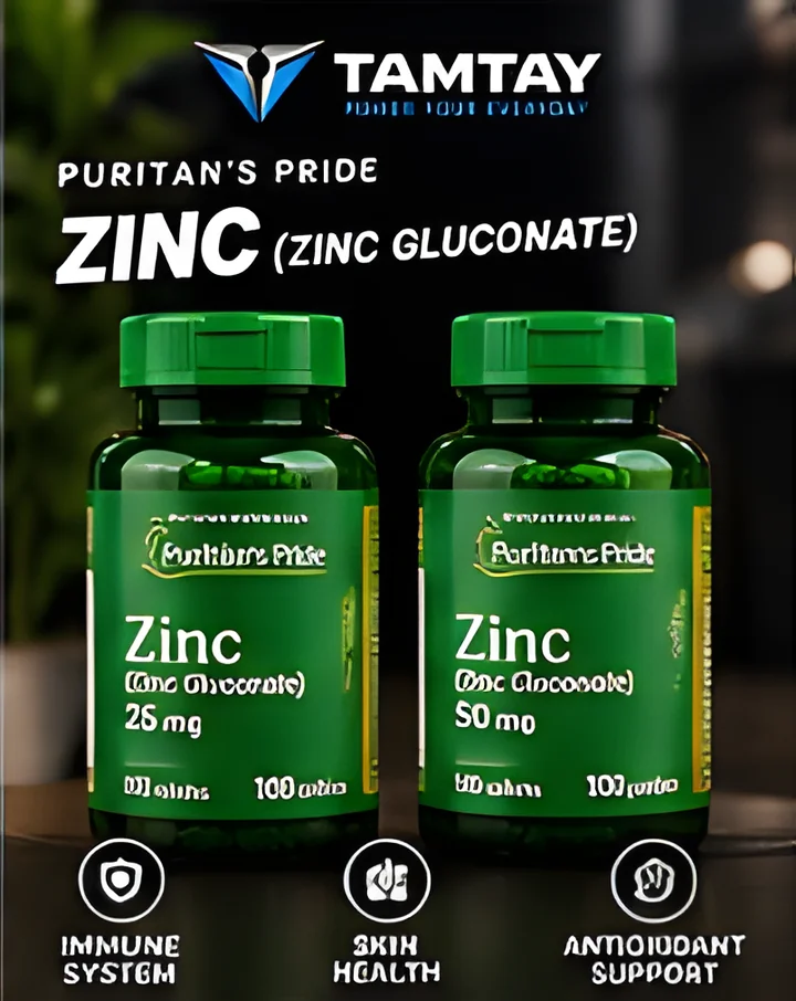 Two Puritan's Pride Zinc gluconate bottles, 25 mg and 50 mg